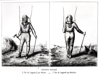 Subacqueo, illustrazione da Scaphandre, Appareil de Plongeur Cabirol, di Joseph-Martin Cabirol, pubblicato a Parigi 1855